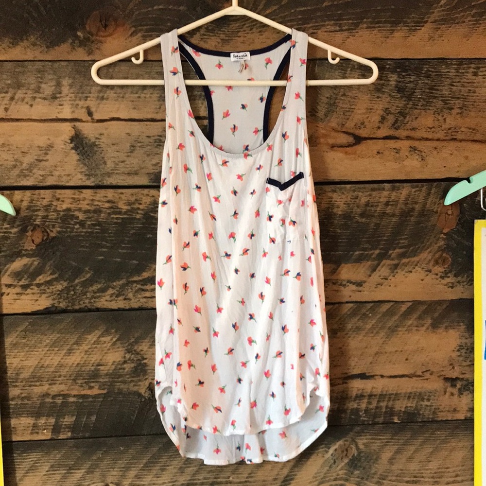 🇺🇸 SPLENDID XS White Navy Floral Racerback Tank Top Rayon Made in USA